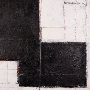 "Segment #2" by Steven McHugh  Image: Detail view of  "Segment #2," an abstract minimalistic painting by renowned artist Steve McHugh. This piece features a unique canvas on canvas construction, adding a layered dimension that captivates. Subtle but bold color underpainting peeks through around stark black forms, complemented by intricate graphite geometric drawings on the surface. Measuring 31" x 31" x 3" and elegantly framed in a black gallery floating frame, this black and white composition encapsulates Steve McHugh's mastery in contemporary abstract art. Discover this artwork and more, exclusively at stevemchughart.com.

The artwork is an abstract composition featuring a stark contrast between black shapes and a white background. The black forms are geometric and intersect to create a balanced yet dynamic pattern. The underlying white canvas is interspersed with fine lines and subtle hints of other geometric shapes, adding depth and complexity to the piece. The artwork demonstrates a strong use of negative space and precision in the alignment and overlap of shapes. The clean lines and the monochromatic palette contribute to its modern and minimalist aesthetic.