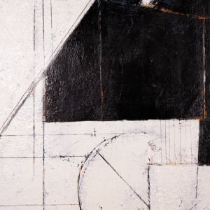 "Segment #2" by Steven McHugh  Image: Detail view of  "Segment #2," an abstract minimalistic painting by renowned artist Steve McHugh. This piece features a unique canvas on canvas construction, adding a layered dimension that captivates. Subtle but bold color underpainting peeks through around stark black forms, complemented by intricate graphite geometric drawings on the surface. Measuring 31" x 31" x 3" and elegantly framed in a black gallery floating frame, this black and white composition encapsulates Steve McHugh's mastery in contemporary abstract art. Discover this artwork and more, exclusively at stevemchughart.com.

The artwork is an abstract composition featuring a stark contrast between black shapes and a white background. The black forms are geometric and intersect to create a balanced yet dynamic pattern. The underlying white canvas is interspersed with fine lines and subtle hints of other geometric shapes, adding depth and complexity to the piece. The artwork demonstrates a strong use of negative space and precision in the alignment and overlap of shapes. The clean lines and the monochromatic palette contribute to its modern and minimalist aesthetic.