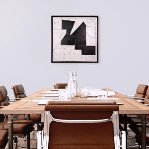 "Segment #2" by Steven McHugh  Image: Room view of  "Segment #2," an abstract minimalistic painting by renowned artist Steve McHugh. This piece features a unique canvas on canvas construction, adding a layered dimension that captivates. Subtle but bold color underpainting peeks through around stark black forms, complemented by intricate graphite geometric drawings on the surface. Measuring 31" x 31" x 3" and elegantly framed in a black gallery floating frame, this black and white composition encapsulates Steve McHugh's mastery in contemporary abstract art. Discover this artwork and more, exclusively at stevemchughart.com.

The artwork is an abstract composition featuring a stark contrast between black shapes and a white background. The black forms are geometric and intersect to create a balanced yet dynamic pattern. The underlying white canvas is interspersed with fine lines and subtle hints of other geometric shapes, adding depth and complexity to the piece. The artwork demonstrates a strong use of negative space and precision in the alignment and overlap of shapes. The clean lines and the monochromatic palette contribute to its modern and minimalist aesthetic.