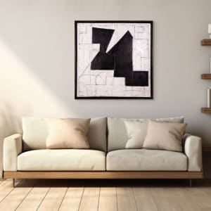 "Segment #2" by Steven McHugh  Image: Room view of  "Segment #2," an abstract minimalistic painting by renowned artist Steve McHugh. This piece features a unique canvas on canvas construction, adding a layered dimension that captivates. Subtle but bold color underpainting peeks through around stark black forms, complemented by intricate graphite geometric drawings on the surface. Measuring 31" x 31" x 3" and elegantly framed in a black gallery floating frame, this black and white composition encapsulates Steve McHugh's mastery in contemporary abstract art. Discover this artwork and more, exclusively at stevemchughart.com.

The artwork is an abstract composition featuring a stark contrast between black shapes and a white background. The black forms are geometric and intersect to create a balanced yet dynamic pattern. The underlying white canvas is interspersed with fine lines and subtle hints of other geometric shapes, adding depth and complexity to the piece. The artwork demonstrates a strong use of negative space and precision in the alignment and overlap of shapes. The clean lines and the monochromatic palette contribute to its modern and minimalist aesthetic.