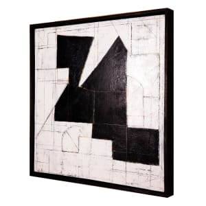 "Segment #2" by Steven McHugh  Image: Side view of  "Segment #2," an abstract minimalistic painting by renowned artist Steve McHugh. This piece features a unique canvas on canvas construction, adding a layered dimension that captivates. Subtle but bold color underpainting peeks through around stark black forms, complemented by intricate graphite geometric drawings on the surface. Measuring 31" x 31" x 3" and elegantly framed in a black gallery floating frame, this black and white composition encapsulates Steve McHugh's mastery in contemporary abstract art. Discover this artwork and more, exclusively at stevemchughart.com.

The artwork is an abstract composition featuring a stark contrast between black shapes and a white background. The black forms are geometric and intersect to create a balanced yet dynamic pattern. The underlying white canvas is interspersed with fine lines and subtle hints of other geometric shapes, adding depth and complexity to the piece. The artwork demonstrates a strong use of negative space and precision in the alignment and overlap of shapes. The clean lines and the monochromatic palette contribute to its modern and minimalist aesthetic.