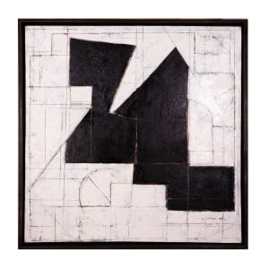 "Segment #2" by Steven McHugh  Image: Experience the depth and intrigue of "Segment #2," an abstract minimalistic painting by renowned artist Steve McHugh. This piece features a unique canvas on canvas construction, adding a layered dimension that captivates. Subtle but bold color underpainting peeks through around stark black forms, complemented by intricate graphite geometric drawings on the surface. Measuring 31" x 31" x 3" and elegantly framed in a black gallery floating frame, this black and white composition encapsulates Steve McHugh's mastery in contemporary abstract art. Discover this artwork and more, exclusively at stevemchughart.com.

The artwork is an abstract composition featuring a stark contrast between black shapes and a white background. The black forms are geometric and intersect to create a balanced yet dynamic pattern. The underlying white canvas is interspersed with fine lines and subtle hints of other geometric shapes, adding depth and complexity to the piece. The artwork demonstrates a strong use of negative space and precision in the alignment and overlap of shapes. The clean lines and the monochromatic palette contribute to its modern and minimalist aesthetic.