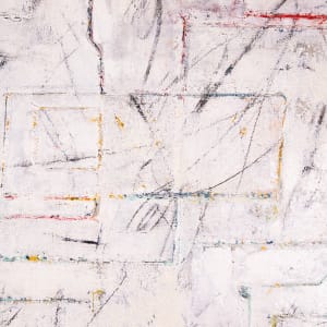 "Censorship" by Steven McHugh  Image: Detail view. Look beyond the surface of what appears to be a minimalist white painting and find a surface of bold colors, mark making, and drawings, blackboard surface, and faint transfers of newspapers over this surface of canvas on canvas, creating depth. "Censorship," an unframed canvas measuring 48" x 36" x 1.5", introduces intricate layers of oil, cold wax, graphite, crayon, and beach sand for extra texture. This mixed-media masterpiece is a testament to the dynamic interplay of materials and themes, history and demands you to look beyond the surface, inviting viewers to uncover hidden messages and forms. Located on Madeline Island, part of the Apostle Islands in Lake Superior, WI, my work embodies the essence of non-representational abstract art. Elevate your collection with a piece that challenges perception and invites contemplation.

This artwork is an abstract piece with a predominantly white foreground. It features a complex network of lines and geometric shapes, mostly rectangular, that intersect and overlap throughout the canvas. The lines are in various colors including black, blue, red, and yellow, and are both straight and curved, creating a sense of organized chaos. Some sections are more densely packed with lines, while others are sparser, giving the composition a dynamic feel. There are hints of darker colored sections towards the corners, adding contrast to the otherwise light composition. The overall effect is one of intricate layering and depth, with a balance between structure and fluidity.