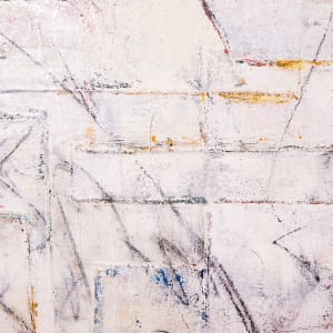 "Censorship" by Steven McHugh  Image: Detail view. Look beyond the surface of what appears to be a minimalist white painting and find a surface of bold colors, mark making, and drawings, blackboard surface, and faint transfers of newspapers over this surface of canvas on canvas, creating depth. "Censorship," an unframed canvas measuring 48" x 36" x 1.5", introduces intricate layers of oil, cold wax, graphite, crayon, and beach sand for extra texture. This mixed-media masterpiece is a testament to the dynamic interplay of materials and themes, history and demands you to look beyond the surface, inviting viewers to uncover hidden messages and forms. Located on Madeline Island, part of the Apostle Islands in Lake Superior, WI, my work embodies the essence of non-representational abstract art. Elevate your collection with a piece that challenges perception and invites contemplation.

This artwork is an abstract piece with a predominantly white foreground. It features a complex network of lines and geometric shapes, mostly rectangular, that intersect and overlap throughout the canvas. The lines are in various colors including black, blue, red, and yellow, and are both straight and curved, creating a sense of organized chaos. Some sections are more densely packed with lines, while others are sparser, giving the composition a dynamic feel. There are hints of darker colored sections towards the corners, adding contrast to the otherwise light composition. The overall effect is one of intricate layering and depth, with a balance between structure and fluidity.