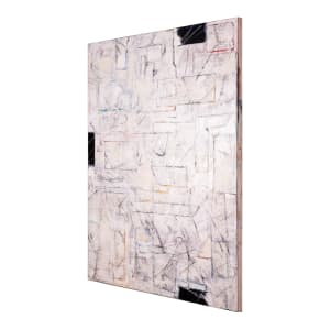 "Censorship" by Steven McHugh  Image: Side view. Look beyond the surface of what appears to be a minimalist white painting and find a surface of bold colors, mark making, and drawings, blackboard surface, and faint transfers of newspapers over this surface of canvas on canvas, creating depth. "Censorship," an unframed canvas measuring 48" x 36" x 1.5", introduces intricate layers of oil, cold wax, graphite, crayon, and beach sand for extra texture. This mixed-media masterpiece is a testament to the dynamic interplay of materials and themes, history and demands you to look beyond the surface, inviting viewers to uncover hidden messages and forms. Located on Madeline Island, part of the Apostle Islands in Lake Superior, WI, my work embodies the essence of non-representational abstract art. Elevate your collection with a piece that challenges perception and invites contemplation.

This artwork is an abstract piece with a predominantly white foreground. It features a complex network of lines and geometric shapes, mostly rectangular, that intersect and overlap throughout the canvas. The lines are in various colors including black, blue, red, and yellow, and are both straight and curved, creating a sense of organized chaos. Some sections are more densely packed with lines, while others are sparser, giving the composition a dynamic feel. There are hints of darker colored sections towards the corners, adding contrast to the otherwise light composition. The overall effect is one of intricate layering and depth, with a balance between structure and fluidity.