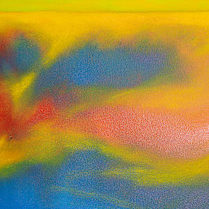 "Northern Lights #2" by Steven McHugh  Image: Detail view. Experience the captivating energy of the Northern Lights with "Northern Lights #2," a bold vibrant abstract depicting the Northern Lights over Madeline Island. Created using mixed media or crayon, poured oil paint and brush work on canvas, this striking piece by Madeline Island artist Steve McHugh measures 36" x 84" and makes a dynamic center piece for a home or office. The intricate textures and lively hues capture the natural beauty of the Northern Lights, inviting viewers to immerse themselves in its mesmerizing allure. Unframed for a modern touch, "Northern Lights #2" is a testament to the artistry and vision of Steve McHugh. Add this extraordinary work to your space and enjoy the harmony of nature and creativity.

"While watching the night skys, your skin can feel the vibrations of the moving colors, such a sight to see."

The artwork is an abstract painting features vibrant colors that blend and flow together. Dominated by shades of yellow, green, and orange, it creates the impression of dynamic movement, reminiscent of flames or waves. The use of blue provides a contrasting backdrop that enhances the vividness of the warm colors. The overall effect is energetic and fluid, capturing attention with its bold and expressive composition.

Shipping and sales tax is determined after destination is figured out.  Please email with questions.