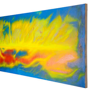 "Northern Lights #2" by Steven McHugh  Image: Side view. Experience the captivating energy of the Northern Lights with "Northern Lights #2," a bold vibrant abstract depicting the Northern Lights over Madeline Island. Created using mixed media or crayon, poured oil paint and brush work on canvas, this striking piece by Madeline Island artist Steve McHugh measures 36" x 84" and makes a dynamic center piece for a home or office. The intricate textures and lively hues capture the natural beauty of the Northern Lights, inviting viewers to immerse themselves in its mesmerizing allure. Unframed for a modern touch, "Northern Lights #2" is a testament to the artistry and vision of Steve McHugh. Add this extraordinary work to your space and enjoy the harmony of nature and creativity.

"While watching the night skys, your skin can feel the vibrations of the moving colors, such a sight to see."

The artwork is an abstract painting features vibrant colors that blend and flow together. Dominated by shades of yellow, green, and orange, it creates the impression of dynamic movement, reminiscent of flames or waves. The use of blue provides a contrasting backdrop that enhances the vividness of the warm colors. The overall effect is energetic and fluid, capturing attention with its bold and expressive composition.

Shipping and sales tax is determined after destination is figured out.  Please email with questions.