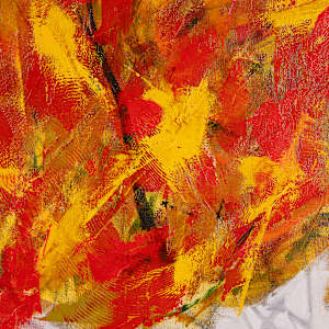 "Fall Winds" by Steven McHugh  Image: Detail view. Celebrating the colors of fall on Madeline Island, this vibrant, bold color oil, charcoal painting on two panels captures the essence of the season in a vivid masterpiece. Madeline has dramatic winds during the fall, and the leaves become this blur of color, which is brilliantly encapsulated in this dual-canvas artwork. Each canvas measures 36" x 24" and can be hung together or separated by space, offering versatile display options. Created by Madeline Island painter Steve McHugh, "Fall Winds" brings the dynamic beauty of autumn into your home. Shipping included.

This  abstract painting with vibrant, energetic strokes of red, orange, and yellow. The colors are layered in a dynamic, expressive manner, creating a sense of movement and intensity. There are hints of darker tones interspersed throughout, adding depth and contrast. The composition  captures an explosion of fiery hues, reminiscent of autumn leaves or a blazing fire.