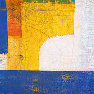 "ARTifact #30" by Steven McHugh  Image: Detail view. Discover the vibrant essence of "ARTifact #30," a new mixed-media masterpiece by the Madeline Island-based abstract artist Steve McHugh. This compelling painting explores the history of a canvas surface through bold layers of color, intricate mark making, and the interplay of transparent colors and bold shapes. As part of a continuing series of abstract works, it features dynamic geometric shapes rendered with pencil, crayon, spray paint, and oil on a substantial 48" x 36" canvas. Elevate your space with this unique expression of non-representational artistry that embodies both depth and spontaneity, reflecting the artist's dedication to exploring the richness of abstract forms.

This  abstract composition features a dynamic mix of geometric shapes and bold colors. Dominant hues of blue, yellow, orange, and white create an energetic visual interplay. The piece includes a variety of forms, such as curved edges, rectangles, and overlapping layers, resulting in a textured and vibrant design. Brushstrokes and areas of translucency add depth and movement to the artwork.

Shipping and sales tax are determined after sale, please email with questions.