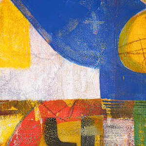 "ARTifact #30" by Steven McHugh  Image: Detail view. Discover the vibrant essence of "ARTifact #30," a new mixed-media masterpiece by the Madeline Island-based abstract artist Steve McHugh. This compelling painting explores the history of a canvas surface through bold layers of color, intricate mark making, and the interplay of transparent colors and bold shapes. As part of a continuing series of abstract works, it features dynamic geometric shapes rendered with pencil, crayon, spray paint, and oil on a substantial 48" x 36" canvas. Elevate your space with this unique expression of non-representational artistry that embodies both depth and spontaneity, reflecting the artist's dedication to exploring the richness of abstract forms.

This  abstract composition features a dynamic mix of geometric shapes and bold colors. Dominant hues of blue, yellow, orange, and white create an energetic visual interplay. The piece includes a variety of forms, such as curved edges, rectangles, and overlapping layers, resulting in a textured and vibrant design. Brushstrokes and areas of translucency add depth and movement to the artwork.

Shipping and sales tax are determined after sale, please email with questions.