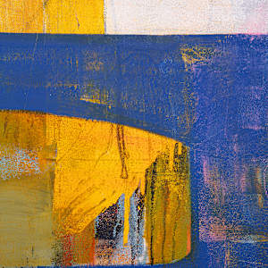 "ARTifact #30" by Steven McHugh  Image: Detail view. Discover the vibrant essence of "ARTifact #30," a new mixed-media masterpiece by the Madeline Island-based abstract artist Steve McHugh. This compelling painting explores the history of a canvas surface through bold layers of color, intricate mark making, and the interplay of transparent colors and bold shapes. As part of a continuing series of abstract works, it features dynamic geometric shapes rendered with pencil, crayon, spray paint, and oil on a substantial 48" x 36" canvas. Elevate your space with this unique expression of non-representational artistry that embodies both depth and spontaneity, reflecting the artist's dedication to exploring the richness of abstract forms.

This  abstract composition features a dynamic mix of geometric shapes and bold colors. Dominant hues of blue, yellow, orange, and white create an energetic visual interplay. The piece includes a variety of forms, such as curved edges, rectangles, and overlapping layers, resulting in a textured and vibrant design. Brushstrokes and areas of translucency add depth and movement to the artwork.

Shipping and sales tax are determined after sale, please email with questions.