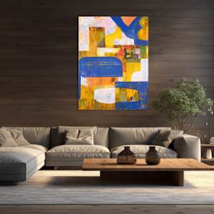 "ARTifact #30" by Steven McHugh  Image: Room view. Discover the vibrant essence of "ARTifact #30," a new mixed-media masterpiece by the Madeline Island-based abstract artist Steve McHugh. This compelling painting explores the history of a canvas surface through bold layers of color, intricate mark making, and the interplay of transparent colors and bold shapes. As part of a continuing series of abstract works, it features dynamic geometric shapes rendered with pencil, crayon, spray paint, and oil on a substantial 48" x 36" canvas. Elevate your space with this unique expression of non-representational artistry that embodies both depth and spontaneity, reflecting the artist's dedication to exploring the richness of abstract forms.

This  abstract composition features a dynamic mix of geometric shapes and bold colors. Dominant hues of blue, yellow, orange, and white create an energetic visual interplay. The piece includes a variety of forms, such as curved edges, rectangles, and overlapping layers, resulting in a textured and vibrant design. Brushstrokes and areas of translucency add depth and movement to the artwork.

Shipping and sales tax are determined after sale, please email with questions.