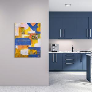 "ARTifact #30" by Steven McHugh  Image: Room view. Discover the vibrant essence of "ARTifact #30," a new mixed-media masterpiece by the Madeline Island-based abstract artist Steve McHugh. This compelling painting explores the history of a canvas surface through bold layers of color, intricate mark making, and the interplay of transparent colors and bold shapes. As part of a continuing series of abstract works, it features dynamic geometric shapes rendered with pencil, crayon, spray paint, and oil on a substantial 48" x 36" canvas. Elevate your space with this unique expression of non-representational artistry that embodies both depth and spontaneity, reflecting the artist's dedication to exploring the richness of abstract forms.

This  abstract composition features a dynamic mix of geometric shapes and bold colors. Dominant hues of blue, yellow, orange, and white create an energetic visual interplay. The piece includes a variety of forms, such as curved edges, rectangles, and overlapping layers, resulting in a textured and vibrant design. Brushstrokes and areas of translucency add depth and movement to the artwork.

Shipping and sales tax are determined after sale, please email with questions.