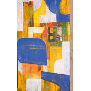 "ARTifact #30" by Steven McHugh  Image: Side view. Discover the vibrant essence of "ARTifact #30," a new mixed-media masterpiece by the Madeline Island-based abstract artist Steve McHugh. This compelling painting explores the history of a canvas surface through bold layers of color, intricate mark making, and the interplay of transparent colors and bold shapes. As part of a continuing series of abstract works, it features dynamic geometric shapes rendered with pencil, crayon, spray paint, and oil on a substantial 48" x 36" canvas. Elevate your space with this unique expression of non-representational artistry that embodies both depth and spontaneity, reflecting the artist's dedication to exploring the richness of abstract forms.

This  abstract composition features a dynamic mix of geometric shapes and bold colors. Dominant hues of blue, yellow, orange, and white create an energetic visual interplay. The piece includes a variety of forms, such as curved edges, rectangles, and overlapping layers, resulting in a textured and vibrant design. Brushstrokes and areas of translucency add depth and movement to the artwork.

Shipping and sales tax are determined after sale, please email with questions.