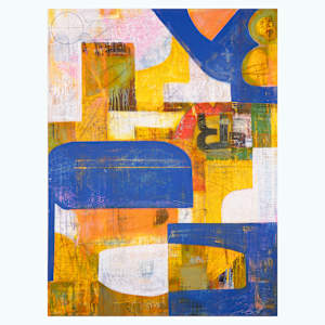 "ARTifact #30" by Steven McHugh  Image: Discover the vibrant essence of "ARTifact #30," a new mixed-media masterpiece by the Madeline Island-based abstract artist Steve McHugh. This compelling painting explores the history of a canvas surface through bold layers of color, intricate mark making, and the interplay of transparent colors and bold shapes. As part of a continuing series of abstract works, it features dynamic geometric shapes rendered with pencil, crayon, spray paint, and oil on a substantial 48" x 36" canvas. Elevate your space with this unique expression of non-representational artistry that embodies both depth and spontaneity, reflecting the artist's dedication to exploring the richness of abstract forms.

This  abstract composition features a dynamic mix of geometric shapes and bold colors. Dominant hues of blue, yellow, orange, and white create an energetic visual interplay. The piece includes a variety of forms, such as curved edges, rectangles, and overlapping layers, resulting in a textured and vibrant design. Brushstrokes and areas of translucency add depth and movement to the artwork.

Shipping and sales tax are determined after sale, please email with questions.