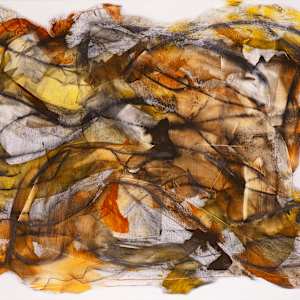 "Free Spirted" by Steven McHugh  Image: Horizontal view of "Free Spirited," by Madeline Island artist Steve McHugh, is an evocative mixed-media non-representational abstract piece. This 48" x 36" canvas showcases uninhibited expressions of abstract art with free-hand charcoal drawing, further refined with oil and medium to secure its intricacy. Bold black and white areas, complemented by yellow and brown washes, create a mesmerizing depth that captivates the viewer. Embrace the unique energy and profound artistry brought to life from the serene Apostle Islands in Lake Superior, WI. Enhance your space with a piece that truly embodies the spirit of artistic freedom.

The painting is an abstract composition characterized by swirling, fluid lines and patterns. It features a warm color palette with shades of brown, orange, yellow, and hints of gray. Black and white streaks intersect throughout, creating a sense of depth and movement. The piece has an organic feel, with the colors blending and overlapping in an expressive and dynamic manner.

Shipping and sales tax added after sale and destination is established.  Please contact me with questions.

Note; some room views in this presentation are enlarged versions of the original and are not included in this price.  Please contact me with questions and prices. 