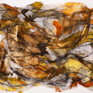 "Free Spirted" by Steven McHugh  Image: Horizontal view of "Free Spirited," by Madeline Island artist Steve McHugh, is an evocative mixed-media non-representational abstract piece. This 48" x 36" canvas showcases uninhibited expressions of abstract art with free-hand charcoal drawing, further refined with oil and medium to secure its intricacy. Bold black and white areas, complemented by yellow and brown washes, create a mesmerizing depth that captivates the viewer. Embrace the unique energy and profound artistry brought to life from the serene Apostle Islands in Lake Superior, WI. Enhance your space with a piece that truly embodies the spirit of artistic freedom.

The painting is an abstract composition characterized by swirling, fluid lines and patterns. It features a warm color palette with shades of brown, orange, yellow, and hints of gray. Black and white streaks intersect throughout, creating a sense of depth and movement. The piece has an organic feel, with the colors blending and overlapping in an expressive and dynamic manner.

Shipping and sales tax added after sale and destination is established.  Please contact me with questions.

Note; some room views in this presentation are enlarged versions of the original and are not included in this price.  Please contact me with questions and prices. 