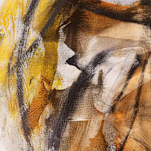 "Free Spirted" by Steven McHugh  Image: Detail view of "Free Spirited," by Madeline Island artist Steve McHugh, is an evocative mixed-media non-representational abstract piece. This 48" x 36" canvas showcases uninhibited expressions of abstract art with free-hand charcoal drawing, further refined with oil and medium to secure its intricacy. Bold black and white areas, complemented by yellow and brown washes, create a mesmerizing depth that captivates the viewer. Embrace the unique energy and profound artistry brought to life from the serene Apostle Islands in Lake Superior, WI. Enhance your space with a piece that truly embodies the spirit of artistic freedom.

The painting is an abstract composition characterized by swirling, fluid lines and patterns. It features a warm color palette with shades of brown, orange, yellow, and hints of gray. Black and white streaks intersect throughout, creating a sense of depth and movement. The piece has an organic feel, with the colors blending and overlapping in an expressive and dynamic manner.

Shipping and sales tax added after sale and destination is established.  Please contact me with questions.

Note; some room views in this presentation are enlarged versions of the original and are not included in this price.  Please contact me with questions and prices. 