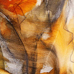 "Free Spirted" by Steven McHugh  Image: Detail view of "Free Spirited," by Madeline Island artist Steve McHugh, is an evocative mixed-media non-representational abstract piece. This 48" x 36" canvas showcases uninhibited expressions of abstract art with free-hand charcoal drawing, further refined with oil and medium to secure its intricacy. Bold black and white areas, complemented by yellow and brown washes, create a mesmerizing depth that captivates the viewer. Embrace the unique energy and profound artistry brought to life from the serene Apostle Islands in Lake Superior, WI. Enhance your space with a piece that truly embodies the spirit of artistic freedom.

The painting is an abstract composition characterized by swirling, fluid lines and patterns. It features a warm color palette with shades of brown, orange, yellow, and hints of gray. Black and white streaks intersect throughout, creating a sense of depth and movement. The piece has an organic feel, with the colors blending and overlapping in an expressive and dynamic manner.

Shipping and sales tax added after sale and destination is established.  Please contact me with questions.

Note; some room views in this presentation are enlarged versions of the original and are not included in this price.  Please contact me with questions and prices. 