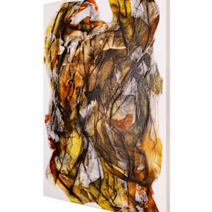 "Free Spirted" by Steven McHugh  Image: Side view, "Free Spirited," by Madeline Island artist Steve McHugh, is an evocative mixed-media non-representational abstract piece. This 48" x 36" canvas showcases uninhibited expressions of abstract art with free-hand charcoal drawing, further refined with oil and medium to secure its intricacy. Bold black and white areas, complemented by yellow and brown washes, create a mesmerizing depth that captivates the viewer. Embrace the unique energy and profound artistry brought to life from the serene Apostle Islands in Lake Superior, WI. Enhance your space with a piece that truly embodies the spirit of artistic freedom.

The painting is an abstract composition characterized by swirling, fluid lines and patterns. It features a warm color palette with shades of brown, orange, yellow, and hints of gray. Black and white streaks intersect throughout, creating a sense of depth and movement. The piece has an organic feel, with the colors blending and overlapping in an expressive and dynamic manner.

Shipping and sales tax added after sale and destination is established.  Please contact me with questions.

Note; some room views in this presentation are enlarged versions of the original and are not included in this price.  Please contact me with questions and prices. 