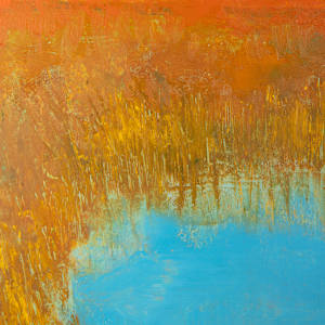 "Grassland #2" by Steven McHugh  Image: Detail view of the layered beauty of "Grassland #2," a striking piece that captures the essence of natural landscapes through mixed-media techniques. As an abstract painter based on Madeline Island in the serene Apostle Islands of Lake Superior, WI, I explore the interplay of texture, color, and form in every creation. "Grassland #2" reflects my commitment to non-representational artistry, inviting viewers to engage with the work on a deeply personal level.

This artwork is a landscape painting featuring a serene natural scene, a pond among the tall grasses. The upper portion of the painting showcases a soft blue sky with subtle variations of white and light yellow, suggesting a calm day with scattered clouds. Below the sky, an expanse of warm earthy tones dominates the middle ground, using ochre, burnt sienna, and muted brown hues to depict a dense field or hillside. The lower part of the composition includes a bright, reflective blue body of water that contrasts vividly with the surrounding warm colors. The brushstrokes in the painting are textured and impressionistic, conveying the forms of natural elements like grass and water with a loose, expressive style. The overall mood of the artwork is tranquil and evocative of an autumnal landscape.

Original mixed media abstract oil painting by Steven McHugh. Mixed media with oil stick, marker, oil, graphite, charcoal and cold wax on Arches oil paper glued on wood panel with PH balance glue. Painting is 13.5"x 9.75" x 1.5". Signed on front and back. Framed is a vanished gallery frame solid wood. 