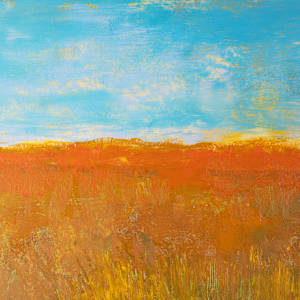 "Grassland #2" by Steven McHugh  Image: Detail view of  the layered beauty of "Grassland #2," a striking piece that captures the essence of natural landscapes through mixed-media techniques. As an abstract painter based on Madeline Island in the serene Apostle Islands of Lake Superior, WI, I explore the interplay of texture, color, and form in every creation. "Grassland #2" reflects my commitment to non-representational artistry, inviting viewers to engage with the work on a deeply personal level.

This artwork is a landscape painting featuring a serene natural scene, a pond among the tall grasses. The upper portion of the painting showcases a soft blue sky with subtle variations of white and light yellow, suggesting a calm day with scattered clouds. Below the sky, an expanse of warm earthy tones dominates the middle ground, using ochre, burnt sienna, and muted brown hues to depict a dense field or hillside. The lower part of the composition includes a bright, reflective blue body of water that contrasts vividly with the surrounding warm colors. The brushstrokes in the painting are textured and impressionistic, conveying the forms of natural elements like grass and water with a loose, expressive style. The overall mood of the artwork is tranquil and evocative of an autumnal landscape.

Original mixed media abstract oil painting by Steven McHugh. Mixed media with oil stick, marker, oil, graphite, charcoal and cold wax on Arches oil paper glued on wood panel with PH balance glue. Painting is 13.5"x 9.75" x 1.5". Signed on front and back. Framed is a vanished gallery frame solid wood. 