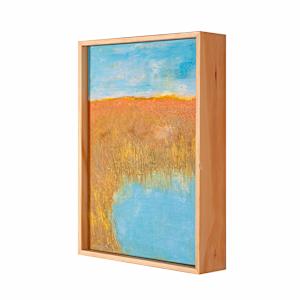 "Grassland #2" by Steven McHugh  Image: Side view of  the layered beauty of "Grassland #2," a striking piece that captures the essence of natural landscapes through mixed-media techniques. As an abstract painter based on Madeline Island in the serene Apostle Islands of Lake Superior, WI, I explore the interplay of texture, color, and form in every creation. "Grassland #2" reflects my commitment to non-representational artistry, inviting viewers to engage with the work on a deeply personal level.

This artwork is a landscape painting featuring a serene natural scene, a pond among the tall grasses. The upper portion of the painting showcases a soft blue sky with subtle variations of white and light yellow, suggesting a calm day with scattered clouds. Below the sky, an expanse of warm earthy tones dominates the middle ground, using ochre, burnt sienna, and muted brown hues to depict a dense field or hillside. The lower part of the composition includes a bright, reflective blue body of water that contrasts vividly with the surrounding warm colors. The brushstrokes in the painting are textured and impressionistic, conveying the forms of natural elements like grass and water with a loose, expressive style. The overall mood of the artwork is tranquil and evocative of an autumnal landscape.

Original mixed media abstract oil painting by Steven McHugh. Mixed media with oil stick, marker, oil, graphite, charcoal and cold wax on Arches oil paper glued on wood panel with PH balance glue. Painting is 13.5"x 9.75" x 1.5". Signed on front and back. Framed is a vanished gallery frame solid wood. 