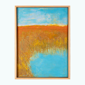 "Grassland #2" by Steven McHugh  Image: Immerse yourself in the layered beauty of "Grassland #2," a striking piece that captures the essence of natural landscapes through mixed-media techniques. As an abstract painter based on Madeline Island in the serene Apostle Islands of Lake Superior, WI, I explore the interplay of texture, color, and form in every creation. "Grassland #2" reflects my commitment to non-representational artistry, inviting viewers to engage with the work on a deeply personal level.

This artwork is a landscape painting featuring a serene natural scene, a pond among the tall grasses. The upper portion of the painting showcases a soft blue sky with subtle variations of white and light yellow, suggesting a calm day with scattered clouds. Below the sky, an expanse of warm earthy tones dominates the middle ground, using ochre, burnt sienna, and muted brown hues to depict a dense field or hillside. The lower part of the composition includes a bright, reflective blue body of water that contrasts vividly with the surrounding warm colors. The brushstrokes in the painting are textured and impressionistic, conveying the forms of natural elements like grass and water with a loose, expressive style. The overall mood of the artwork is tranquil and evocative of an autumnal landscape.

Original mixed media abstract oil painting by Steven McHugh. Mixed media with oil stick, marker, oil, graphite, charcoal and cold wax on Arches oil paper glued on wood panel with PH balance glue. Painting is 13.5"x 9.75" x 1.5". Signed on front and back. Framed is a vanished gallery frame solid wood. 