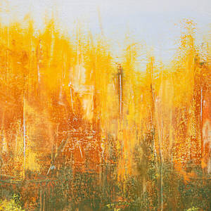 "Watching" by Steven McHugh  Image: Detail view of "Watching,"  an abstract landscape painting dominated by warm autumnal tones. The upper part features vibrant, fiery hues of yellow and orange, suggesting a dense canopy of trees in full fall color. These bright shades gradually blend into deeper, earthy greens and browns toward the lower middle section, evoking the trunk and undergrowth. This captivating piece embodies the essence of fall on Madeline Island, part of the Apostle Islands in Lake Superior, WI, reflecting the unique landscapes that inspire my mixed-media creations. Experience the vibrant energy of autumn through this evocative and richly textured work.

This abstract landscape painting reminds me of fall season on Madeline Island. The upper part features vibrant, fiery hues of yellow and orange, suggesting a dense canopy of trees in full fall color. These bright shades gradually blend into deeper, earthy greens and browns toward the lower middle section, evoking the trunk and undergrowth. The bottom portion is filled with textured, mottled greens and yellows, representing thick foliage or grass. The brushstrokes are layered and varied, creating a rich, textured surface that emphasizes the organic feel of the scene. The overall composition captures the essence of an autumn forest with a focus on color and texture rather than fine detail.

Painting is 14" x 21" and is framed in a gallery floating frame measuring 14.75" x 21.75".