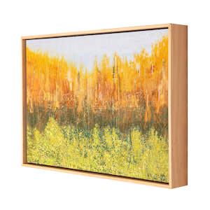 "Watching" by Steven McHugh  Image: Side view of "Watching,"  an abstract landscape painting dominated by warm autumnal tones. The upper part features vibrant, fiery hues of yellow and orange, suggesting a dense canopy of trees in full fall color. These bright shades gradually blend into deeper, earthy greens and browns toward the lower middle section, evoking the trunk and undergrowth. This captivating piece embodies the essence of fall on Madeline Island, part of the Apostle Islands in Lake Superior, WI, reflecting the unique landscapes that inspire my mixed-media creations. Experience the vibrant energy of autumn through this evocative and richly textured work.

This abstract landscape painting reminds me of fall season on Madeline Island. The upper part features vibrant, fiery hues of yellow and orange, suggesting a dense canopy of trees in full fall color. These bright shades gradually blend into deeper, earthy greens and browns toward the lower middle section, evoking the trunk and undergrowth. The bottom portion is filled with textured, mottled greens and yellows, representing thick foliage or grass. The brushstrokes are layered and varied, creating a rich, textured surface that emphasizes the organic feel of the scene. The overall composition captures the essence of an autumn forest with a focus on color and texture rather than fine detail.

Painting is 14" x 21" and is framed in a gallery floating frame measuring 14.75" x 21.75".