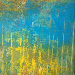 "My Escape" by Steven McHugh  Image: Detail view of "My Escape," an abstract landscape painting, oil and cold wax on wood panel,  that uses a palette of blues, yellows, and earth tones. The lower portion is dominated by textured and layered yellow and green hues that suggest a dense, vibrant field or forest, a magical view of Town Parks lagoon from above. Vertical streaks of yellow and light tones rise upward through the center, imitating tall grass or slender tree trunks. The midsection transitions into deeper blue colors that evoke a watery or ethereal atmosphere, blending seamlessly into a hazy, muted background of soft browns and ochres. The top of the painting is a calm, clear sky depicted in light blue. The composition is balanced with a mix of organic forms and linear elements, creating a serene yet dynamic natural scene. The painting is framed with a simple wooden frame that complements the earthy tones and measures 14.3" x 10.5" x 2.5".

"My Escape" is an abstract landscape painting, oil and cold wax on wood panel, that uses a palette of blues, yellows, and earth tones. The lower portion is dominated by textured and layered yellow and green hues that suggest a dense, vibrant field or forest, a magical view of Town Parks lagoon from above. Vertical streaks of yellow and light tones add an ethereal dimension, embodying the serene beauty of Madeline Island. This piece invites viewers to lose themselves in its rich layers and vibrant colors, offering an evocative visual journey. Discover the heart of the Apostle Islands through this captivating creation, perfect for those who appreciate the harmonious blend of nature and abstract art.