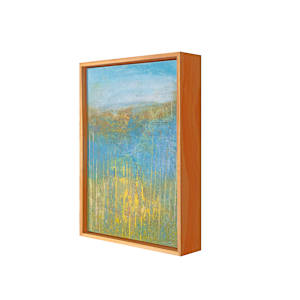 "My Escape" by Steven McHugh  Image: Side view of "My Escape," an abstract landscape painting, oil and cold wax on wood panel,  that uses a palette of blues, yellows, and earth tones. The lower portion is dominated by textured and layered yellow and green hues that suggest a dense, vibrant field or forest, a magical view of Town Parks lagoon from above. Vertical streaks of yellow and light tones rise upward through the center, imitating tall grass or slender tree trunks. The midsection transitions into deeper blue colors that evoke a watery or ethereal atmosphere, blending seamlessly into a hazy, muted background of soft browns and ochres. The top of the painting is a calm, clear sky depicted in light blue. The composition is balanced with a mix of organic forms and linear elements, creating a serene yet dynamic natural scene. The painting is framed with a simple wooden frame that complements the earthy tones and measures 14.3" x 10.5" x 2.5".

"My Escape" is an abstract landscape painting, oil and cold wax on wood panel, that uses a palette of blues, yellows, and earth tones. The lower portion is dominated by textured and layered yellow and green hues that suggest a dense, vibrant field or forest, a magical view of Town Parks lagoon from above. Vertical streaks of yellow and light tones add an ethereal dimension, embodying the serene beauty of Madeline Island. This piece invites viewers to lose themselves in its rich layers and vibrant colors, offering an evocative visual journey. Discover the heart of the Apostle Islands through this captivating creation, perfect for those who appreciate the harmonious blend of nature and abstract art.