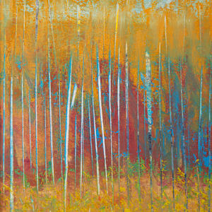 "Magic Moments" by Steven McHugh  Image: Detail view of "Magic Moments," a captivating mixed-media non-representational abstract painting by Steve McHugh. Inspired by the serene landscapes and vibrant spirit of Madeline Island, this piece uniquely blends textures and colors to evoke the essence of Lake Superior. Each brushstroke embodies the dynamic interplay between nature and emotion, creating a visual symphony that resonates deeply with art enthusiasts. Explore this masterpiece and elevate your space with a touch of island-inspired artistry.

This artwork is a painting of a forest scene dominated by tall, slender trees with white trunks and golden-yellow foliage. The trees stand closely packed, extending vertically across the canvas. The background features a sky painted in a clear, bright blue tone. The ground is covered with a mix of warm earthy colors, including greens and yellows, indicating grass and vegetation. The overall style of the painting is impressionistic, with visible brush strokes and a vibrant, autumnal color palette that conveys a serene and lively natural environment. Oil and cold wax on wood panel measures 9.75" x 13.5" x 1.5" and is framed in simple wood finished gallery floating frame measuring 10.5" x 14.25" x 2.5.