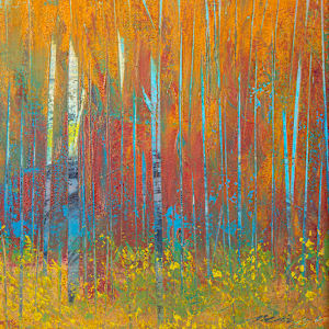 "Magic Moments" by Steven McHugh  Image: Detail view  of "Magic Moments," a captivating mixed-media non-representational abstract painting by Steve McHugh. Inspired by the serene landscapes and vibrant spirit of Madeline Island, this piece uniquely blends textures and colors to evoke the essence of Lake Superior. Each brushstroke embodies the dynamic interplay between nature and emotion, creating a visual symphony that resonates deeply with art enthusiasts. Explore this masterpiece and elevate your space with a touch of island-inspired artistry.

This artwork is a painting of a forest scene dominated by tall, slender trees with white trunks and golden-yellow foliage. The trees stand closely packed, extending vertically across the canvas. The background features a sky painted in a clear, bright blue tone. The ground is covered with a mix of warm earthy colors, including greens and yellows, indicating grass and vegetation. The overall style of the painting is impressionistic, with visible brush strokes and a vibrant, autumnal color palette that conveys a serene and lively natural environment. Oil and cold wax on wood panel measures 9.75" x 13.5" x 1.5" and is framed in simple wood finished gallery floating frame measuring 10.5" x 14.25" x 2.5.