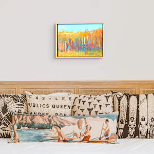 "Magic Moments" by Steven McHugh  Image: Room view of "Magic Moments," a captivating mixed-media non-representational abstract painting by Steve McHugh. Inspired by the serene landscapes and vibrant spirit of Madeline Island, this piece uniquely blends textures and colors to evoke the essence of Lake Superior. Each brushstroke embodies the dynamic interplay between nature and emotion, creating a visual symphony that resonates deeply with art enthusiasts. Explore this masterpiece and elevate your space with a touch of island-inspired artistry.

This artwork is a painting of a forest scene dominated by tall, slender trees with white trunks and golden-yellow foliage. The trees stand closely packed, extending vertically across the canvas. The background features a sky painted in a clear, bright blue tone. The ground is covered with a mix of warm earthy colors, including greens and yellows, indicating grass and vegetation. The overall style of the painting is impressionistic, with visible brush strokes and a vibrant, autumnal color palette that conveys a serene and lively natural environment. Oil and cold wax on wood panel measures 9.75" x 13.5" x 1.5" and is framed in simple wood finished gallery floating frame measuring 10.5" x 14.25" x 2.5.