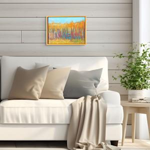 "Magic Moments" by Steven McHugh  Image: Room view of  of "Magic Moments," a captivating mixed-media non-representational abstract painting by Steve McHugh. Inspired by the serene landscapes and vibrant spirit of Madeline Island, this piece uniquely blends textures and colors to evoke the essence of Lake Superior. Each brushstroke embodies the dynamic interplay between nature and emotion, creating a visual symphony that resonates deeply with art enthusiasts. Explore this masterpiece and elevate your space with a touch of island-inspired artistry.

This artwork is a painting of a forest scene dominated by tall, slender trees with white trunks and golden-yellow foliage. The trees stand closely packed, extending vertically across the canvas. The background features a sky painted in a clear, bright blue tone. The ground is covered with a mix of warm earthy colors, including greens and yellows, indicating grass and vegetation. The overall style of the painting is impressionistic, with visible brush strokes and a vibrant, autumnal color palette that conveys a serene and lively natural environment. Oil and cold wax on wood panel measures 9.75" x 13.5" x 1.5" and is framed in simple wood finished gallery floating frame measuring 10.5" x 14.25" x 2.5.