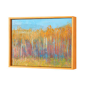 "Magic Moments" by Steven McHugh  Image: Side view of "Magic Moments", a captivating mixed-media non-representational abstract painting by Steve McHugh. Inspired by the serene landscapes and vibrant spirit of Madeline Island, this piece uniquely blends textures and colors to evoke the essence of Lake Superior. Each brushstroke embodies the dynamic interplay between nature and emotion, creating a visual symphony that resonates deeply with art enthusiasts. Explore this masterpiece and elevate your space with a touch of island-inspired artistry.

This artwork is a painting of a forest scene dominated by tall, slender trees with white trunks and golden-yellow foliage. The trees stand closely packed, extending vertically across the canvas. The background features a sky painted in a clear, bright blue tone. The ground is covered with a mix of warm earthy colors, including greens and yellows, indicating grass and vegetation. The overall style of the painting is impressionistic, with visible brush strokes and a vibrant, autumnal color palette that conveys a serene and lively natural environment. Oil and cold wax on wood panel measures 9.75" x 13.5" x 1.5" and is framed in simple wood finished gallery floating frame measuring 10.5" x 14.25" x 2.5.