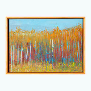 "Magic Moments" by Steven McHugh  Image: Experience the transformative beauty of "Magic Moments," a captivating mixed-media non-representational abstract painting by Steve McHugh. Inspired by the serene landscapes and vibrant spirit of Madeline Island, this piece uniquely blends textures and colors to evoke the essence of Lake Superior. Each brushstroke embodies the dynamic interplay between nature and emotion, creating a visual symphony that resonates deeply with art enthusiasts. Explore this masterpiece and elevate your space with a touch of island-inspired artistry.

This artwork is a painting of a forest scene dominated by tall, slender trees with white trunks and golden-yellow foliage. The trees stand closely packed, extending vertically across the canvas. The background features a sky painted in a clear, bright blue tone. The ground is covered with a mix of warm earthy colors, including greens and yellows, indicating grass and vegetation. The overall style of the painting is impressionistic, with visible brush strokes and a vibrant, autumnal color palette that conveys a serene and lively natural environment. Oil and cold wax on wood panel measures 9.75" x 13.5" x 1.5" and is framed in simple wood finished gallery floating frame measuring 10.5" x 14.25" x 2.5.