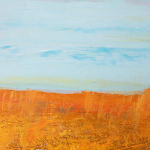 "Field #2" by Steven McHugh  Image: Detail view Interior view of "Field #2".

The artwork is an abstract landscape composed of two dominant color fields. The lower portion features a dense, textured area in vibrant shades of orange and ochre, suggestive of a sunlit field or terrain. The upper portion is a smooth expanse of pale blue, interspersed with subtle hints of white and soft pastel tones, evoking a clear sky. The composition emphasizes a horizontal division between earth and sky with an expressive and dynamic use of color and texture in the foreground, contrasted by the calm and airy background.

Enveloped in the serene beauty of Madeline Island, part of the Apostle Islands in Lake Superior, WI, I create mixed-media non-representational abstract paintings that evoke emotional depth and vibrant energy. Each unique piece reflects the natural wonder surrounding my island studio, transforming elements like water, sky, and forest into dynamic visual narratives. By blending various materials and textures, I aim to capture the essence of the landscape in an abstract form that speaks to your soul. Come  explore WOW Studio + Gallery, we  merge the natural with the abstract, offering artwork that not only decorates but inspires.

Oil and cold wax on 12" x 12" x .75"wood panel, unframed.