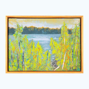 "Thanking My Maker" by Steven McHugh  Image: Discover the essence of gratitude with "Thanking My Maker," an original piece by  mixed-media non-representational abstract painter from Madeline Island. This evocative artwork captures the harmonious blend of textures and colors, echoing the serene beauty of the Apostle Islands in Lake Superior, WI. Explore the depth of emotion and intricate layers, experience the unparalleled artistry and profound dedication to creativity that defines each unique creation.

This artwork is a vibrant landscape painting featuring a forest scene with a body of water in the background. Tall, slender trees with bright yellow and green foliage dominate the foreground, their trunks rendered with strokes of white, black, and brown. The water stretches horizontally across the midsection of the canvas, painted in soft shades of blue and gray with subtle horizontal lines suggesting ripples. Beyond the water, there is a dense, dark tree line with warm, orange highlights along the top, indicating either sunlight or sunset light. The sky is painted in muted tones of pale yellow and light blue, creating a calm atmosphere. The composition uses bold, expressive brushstrokes and a vivid color palette that emphasizes the lively and natural energy of the forest landscape. The painting is enclosed in a simple wooden gallery floating frame, 10.5" x 14.25" x 2.5", that complements the natural theme.