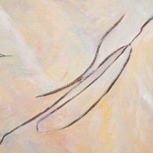 "Beach Finds" by Steven McHugh  Image: Detail view  of "Beach Finds" is a  large oil painting on canvas, measuring 36"x36" is composed of found beach objects.  Combination of weeds, rocks, rope and sand are part of my daily practice of walking the beaches. This painting takes raw canvas, graphite drawings and oil paint to raise these common object to objects of desire.

As a mixed-media non-representational abstract painter based on Madeline Island in Lake Superior's Apostle Islands, I draw inspiration from nature's treasures. Each piece encapsulates the essence of the shoreline, infusing my abstract artistry with elements that evoke the serenity and raw beauty of our beaches. Discover how these natural finds are transformed into captivating art that enriches your space and resonates with the spirit of the islands.

"Beach Finds"  is an abstract painting featuring a soft, muted color palette dominated by creamy beige, light pink, and pale yellow tones. Delicate, flowing lines in darker shades curve across the canvas, creating a sense of gentle movement. There are a few distinct shapes: a small, irregular golden-brown form near the top, a larger, rounded blue shape towards the left center, and a slender, horizontal shape in pale greenish tones near the bottom. The overall composition evokes a calm, organic feel with its subtle gradations and fluid forms, lending the piece a harmonious and tranquil atmosphere.
