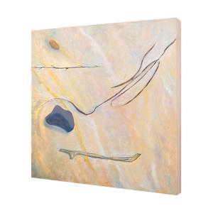 "Beach Finds" by Steven McHugh  Image: Side view of "Beach Finds" is a  large oil painting on canvas, measuring 36"x36" is composed of found beach objects.  Combination of weeds, rocks, rope and sand are part of my daily practice of walking the beaches. This painting takes raw canvas, graphite drawings and oil paint to raise these common object to objects of desire.

As a mixed-media non-representational abstract painter based on Madeline Island in Lake Superior's Apostle Islands, I draw inspiration from nature's treasures. Each piece encapsulates the essence of the shoreline, infusing my abstract artistry with elements that evoke the serenity and raw beauty of our beaches. Discover how these natural finds are transformed into captivating art that enriches your space and resonates with the spirit of the islands.

"Beach Finds"  is an abstract painting featuring a soft, muted color palette dominated by creamy beige, light pink, and pale yellow tones. Delicate, flowing lines in darker shades curve across the canvas, creating a sense of gentle movement. There are a few distinct shapes: a small, irregular golden-brown form near the top, a larger, rounded blue shape towards the left center, and a slender, horizontal shape in pale greenish tones near the bottom. The overall composition evokes a calm, organic feel with its subtle gradations and fluid forms, lending the piece a harmonious and tranquil atmosphere.
