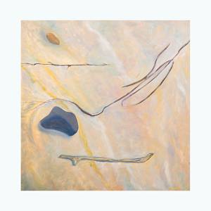 "Beach Finds" by Steven McHugh  Image: This large oil painting on canvas, measuring 36"x36" is composed of found beach objects.  Combination of weeds, rocks, rope and sand are part of my daily practice of walking the beaches. This painting takes raw canvas, graphite drawings and oil paint to raise these common object to objects of desire.

As a mixed-media non-representational abstract painter based on Madeline Island in Lake Superior's Apostle Islands, I draw inspiration from nature's treasures. Each piece encapsulates the essence of the shoreline, infusing my abstract artistry with elements that evoke the serenity and raw beauty of our beaches. Discover how these natural finds are transformed into captivating art that enriches your space and resonates with the spirit of the islands.

"Beach Finds"  is an abstract painting featuring a soft, muted color palette dominated by creamy beige, light pink, and pale yellow tones. Delicate, flowing lines in darker shades curve across the canvas, creating a sense of gentle movement. There are a few distinct shapes: a small, irregular golden-brown form near the top, a larger, rounded blue shape towards the left center, and a slender, horizontal shape in pale greenish tones near the bottom. The overall composition evokes a calm, organic feel with its subtle gradations and fluid forms, lending the piece a harmonious and tranquil atmosphere.
