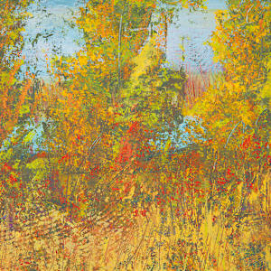 "Spring Walk" by Steven McHugh  Image: Detail view of "Spring Walk", this mixed-media piece captures the essence of nature's awakening, reflecting the dynamic interplay of colors and textures that define the Apostle Islands in Lake Superior, WI. This creation exemplifies my commitment to offering unique, non-representational artworks that evoke emotion and spark imagination. Experience the transformative power of color and form with "Spring Walk," and bring a piece of nature's rebirth into your space.

"Spring Walk"  is a vibrant abstract landscape painting showcasing tall, slender trees with foliage in warm spring colors such as yellow, orange, and hints of red. The trees stand against a bright blue sky with some white clouds, creating a contrast between the cool background and the warm tones of the leaves. The brushstrokes are textured and expressive, imparting a sense of movement and natural liveliness. The foreground is filled with dense, colorful shrubbery, blending harmoniously with the trees to form a richly detailed and lively spring scene. The painting is framed in a simple wooden frame that complements the earthy tones of the artwork.

Painting is oil and cold wax, mixed media painting on wood panel measuring  9.75" x 13.5" x 1.5", framed in gallery floating frame measures 10.6" x 14.3" X 2.5". 