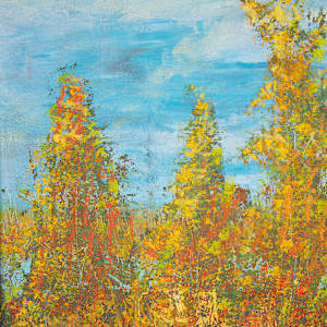 "Spring Walk" by Steven McHugh  Image: Detail view of "Spring Walk", this mixed-media piece captures the essence of nature's awakening, reflecting the dynamic interplay of colors and textures that define the Apostle Islands in Lake Superior, WI. This creation exemplifies my commitment to offering unique, non-representational artworks that evoke emotion and spark imagination. Experience the transformative power of color and form with "Spring Walk," and bring a piece of nature's rebirth into your space.

"Spring Walk"  is a vibrant abstract landscape painting showcasing tall, slender trees with foliage in warm spring colors such as yellow, orange, and hints of red. The trees stand against a bright blue sky with some white clouds, creating a contrast between the cool background and the warm tones of the leaves. The brushstrokes are textured and expressive, imparting a sense of movement and natural liveliness. The foreground is filled with dense, colorful shrubbery, blending harmoniously with the trees to form a richly detailed and lively spring scene. The painting is framed in a simple wooden frame that complements the earthy tones of the artwork.

Painting is oil and cold wax, mixed media painting on wood panel measuring  9.75" x 13.5" x 1.5", framed in gallery floating frame measures 10.6" x 14.3" X 2.5". 