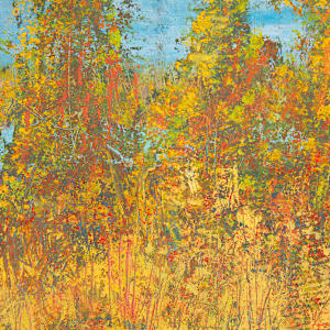 "Spring Walk" by Steven McHugh  Image: Detail view of "Spring Walk", this mixed-media piece captures the essence of nature's awakening, reflecting the dynamic interplay of colors and textures that define the Apostle Islands in Lake Superior, WI. This creation exemplifies my commitment to offering unique, non-representational artworks that evoke emotion and spark imagination. Experience the transformative power of color and form with "Spring Walk," and bring a piece of nature's rebirth into your space.

"Spring Walk"  is a vibrant abstract landscape painting showcasing tall, slender trees with foliage in warm spring colors such as yellow, orange, and hints of red. The trees stand against a bright blue sky with some white clouds, creating a contrast between the cool background and the warm tones of the leaves. The brushstrokes are textured and expressive, imparting a sense of movement and natural liveliness. The foreground is filled with dense, colorful shrubbery, blending harmoniously with the trees to form a richly detailed and lively spring scene. The painting is framed in a simple wooden frame that complements the earthy tones of the artwork.

Painting is oil and cold wax, mixed media painting on wood panel measuring  9.75" x 13.5" x 1.5", framed in gallery floating frame measures 10.6" x 14.3" X 2.5". 