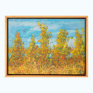 "Spring Walk" by Steven McHugh  Image: Step into the vibrant world of "Spring Walk", where abstract artistry echoes the rejuvenation of the season on Madeline Island. This mixed-media piece captures the essence of nature's awakening, reflecting the dynamic interplay of colors and textures that define the Apostle Islands in Lake Superior, WI. This creation exemplifies my commitment to offering unique, non-representational artworks that evoke emotion and spark imagination. Experience the transformative power of color and form with "Spring Walk," and bring a piece of nature's rebirth into your space.

"Spring Walk"  is a vibrant abstract landscape painting showcasing tall, slender trees with foliage in warm spring colors such as yellow, orange, and hints of red. The trees stand against a bright blue sky with some white clouds, creating a contrast between the cool background and the warm tones of the leaves. The brushstrokes are textured and expressive, imparting a sense of movement and natural liveliness. The foreground is filled with dense, colorful shrubbery, blending harmoniously with the trees to form a richly detailed and lively spring scene. The painting is framed in a simple wooden frame that complements the earthy tones of the artwork.

Painting is oil and cold wax, mixed media painting on wood panel measuring  9.75" x 13.5" x 1.5", framed in gallery floating frame measures 10.6" x 14.3" X 2.5". 