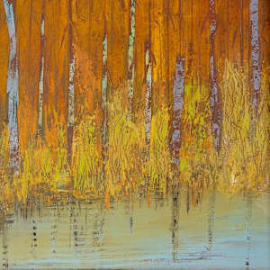 "Pond Side" by Steven McHugh  Image: Detail view of "Pond Side," this non-representational abstract painting evokes the serene beauty of Madeline Island's lush landscapes, part of the Apostle Islands in Lake Superior, WI. Each brushstroke and texture in "Pond Side" is meticulously crafted to capture the tranquility and organic harmony associated with this enchanting locale. Discover how this unique piece seamlessly integrates natural inspiration and artistic expression, making it a perfect addition to any collection.

The artwork is a vertical painting of an autumn forest scene. Tall, slender tree trunks rise from the bottom, painted in shades of brown and gray, with the leaves rendered in vibrant hues of orange and red. The foliage is dense and fiery, filling much of the upper half of the painting with textured strokes that convey the rich, warm colors of fall. The ground is a mix of yellow and muted green tones, suggesting grass or undergrowth. The sky above is a soft, light blue, providing a calm contrast to the intense colors of the leaves. Reflections of the trees are visible in a body of water at the bottom, painted in subtle muted colors that mirror the forest scene. The overall composition evokes a serene, autumnal landscape with a strong emphasis on color and texture.

This oil and cold wax painting on wood panel measures 13.5" x 9.75 x 1.5", framed by a gallery floating frame measuring 14.25" x 10.5" x 2.5".