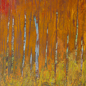 "Pond Side" by Steven McHugh  Image: Detail view of "Pond Side," this non-representational abstract painting evokes the serene beauty of Madeline Island's lush landscapes, part of the Apostle Islands in Lake Superior, WI. Each brushstroke and texture in "Pond Side" is meticulously crafted to capture the tranquility and organic harmony associated with this enchanting locale. Discover how this unique piece seamlessly integrates natural inspiration and artistic expression, making it a perfect addition to any collection.

The artwork is a vertical painting of an autumn forest scene. Tall, slender tree trunks rise from the bottom, painted in shades of brown and gray, with the leaves rendered in vibrant hues of orange and red. The foliage is dense and fiery, filling much of the upper half of the painting with textured strokes that convey the rich, warm colors of fall. The ground is a mix of yellow and muted green tones, suggesting grass or undergrowth. The sky above is a soft, light blue, providing a calm contrast to the intense colors of the leaves. Reflections of the trees are visible in a body of water at the bottom, painted in subtle muted colors that mirror the forest scene. The overall composition evokes a serene, autumnal landscape with a strong emphasis on color and texture.

This oil and cold wax painting on wood panel measures 13.5" x 9.75 x 1.5", framed by a gallery floating frame measuring 14.25" x 10.5" x 2.5".