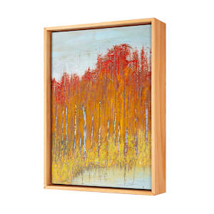 "Pond Side" by Steven McHugh  Image: Side view of "Pond Side," this non-representational abstract painting evokes the serene beauty of Madeline Island's lush landscapes, part of the Apostle Islands in Lake Superior, WI. Each brushstroke and texture in "Pond Side" is meticulously crafted to capture the tranquility and organic harmony associated with this enchanting locale. Discover how this unique piece seamlessly integrates natural inspiration and artistic expression, making it a perfect addition to any collection.

The artwork is a vertical painting of an autumn forest scene. Tall, slender tree trunks rise from the bottom, painted in shades of brown and gray, with the leaves rendered in vibrant hues of orange and red. The foliage is dense and fiery, filling much of the upper half of the painting with textured strokes that convey the rich, warm colors of fall. The ground is a mix of yellow and muted green tones, suggesting grass or undergrowth. The sky above is a soft, light blue, providing a calm contrast to the intense colors of the leaves. Reflections of the trees are visible in a body of water at the bottom, painted in subtle muted colors that mirror the forest scene. The overall composition evokes a serene, autumnal landscape with a strong emphasis on color and texture.

This oil and cold wax painting on wood panel measures 13.5" x 9.75 x 1.5", framed by a gallery floating frame measuring 14.25" x 10.5" x 2.5".